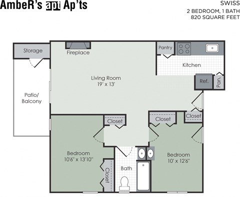 Floor plan for 2 beds, 1 bath, 900 sqft